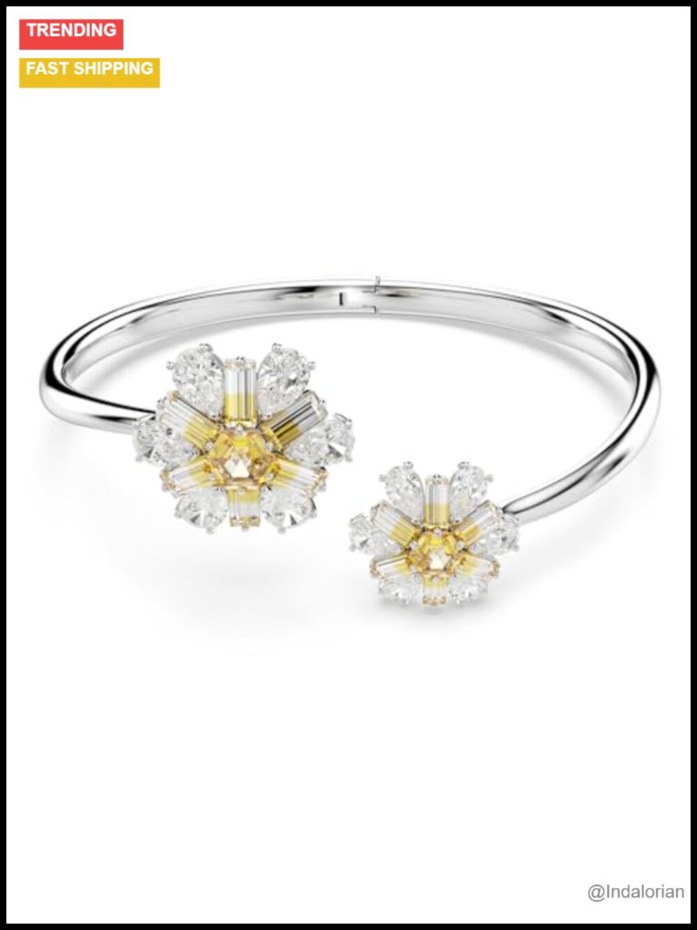 Swarovski Crystal Flower Bangle Bracelet Rhodium Silver - Size Small